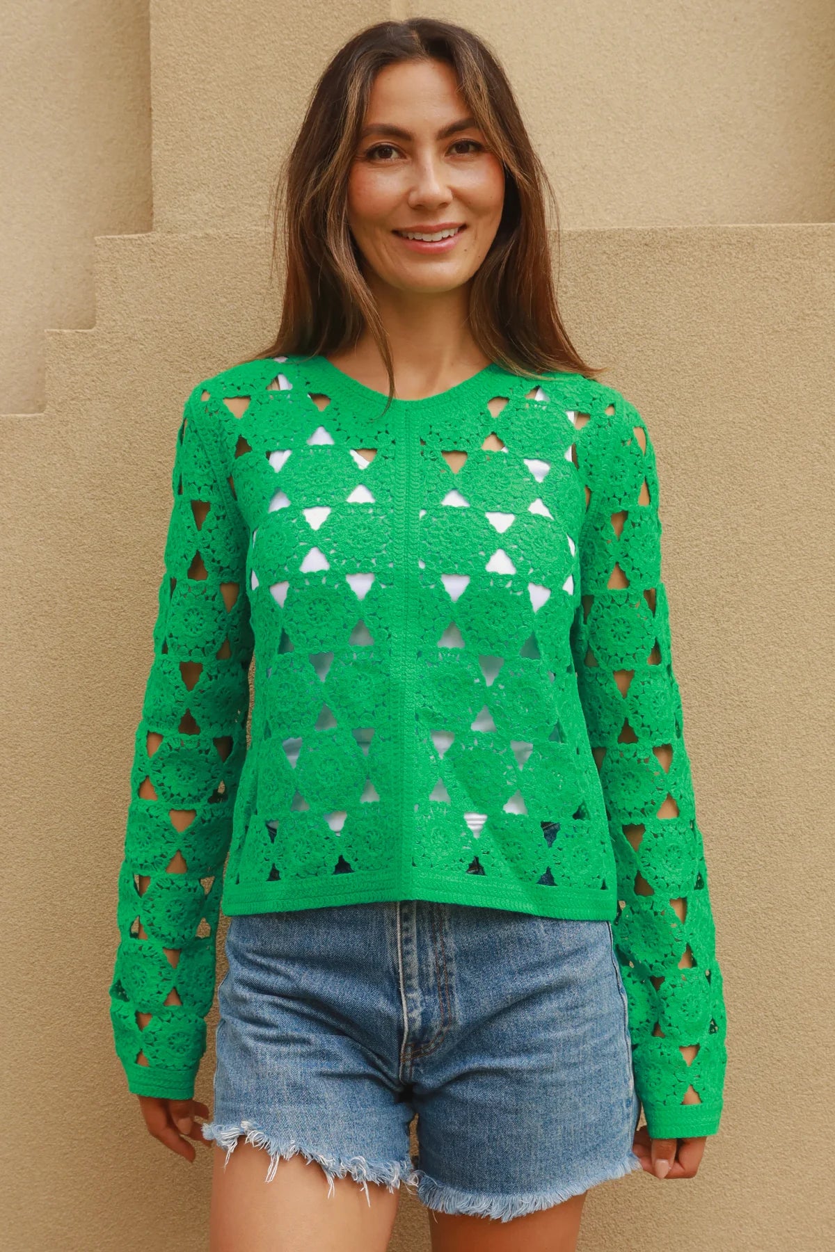 Playful Crochet Top in Emerald Green