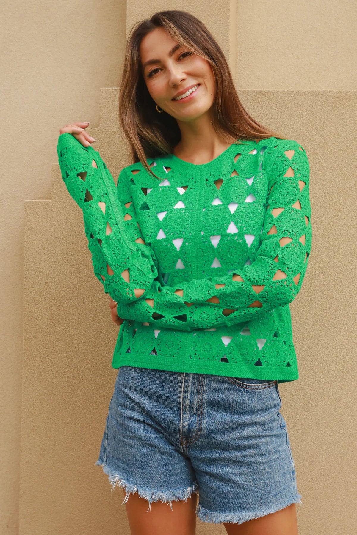 Playful Crochet Top in Emerald Green