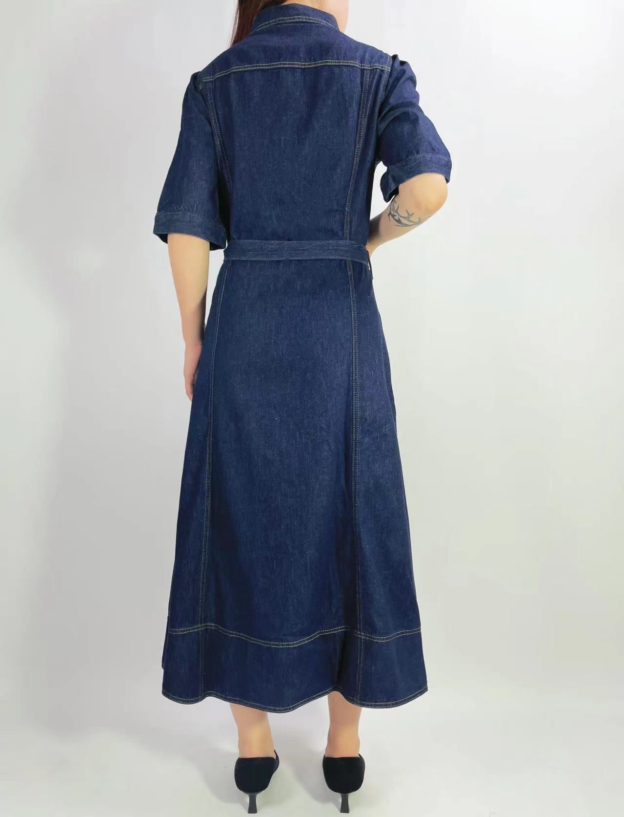 Short Sleeve Button-up Denim Maxi Dress