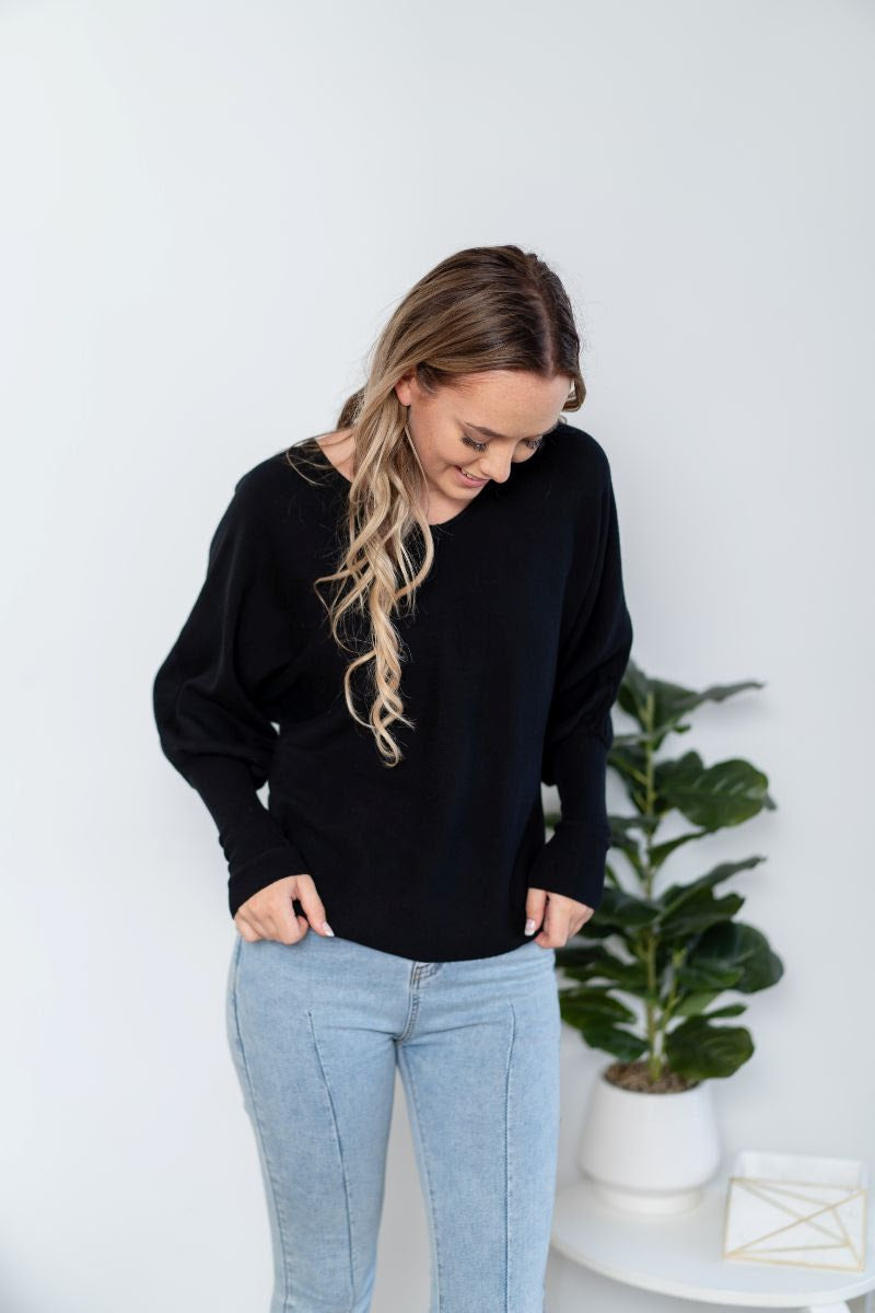 V-Neck Box Knit Balloon-Sleeved Batwing Jumper