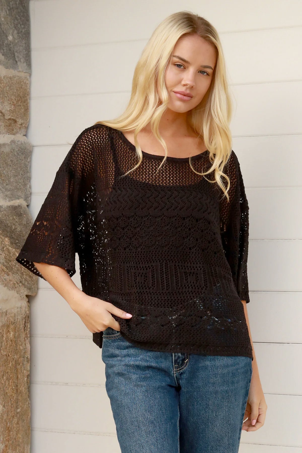 Elegant Black Crochet Overlay Top