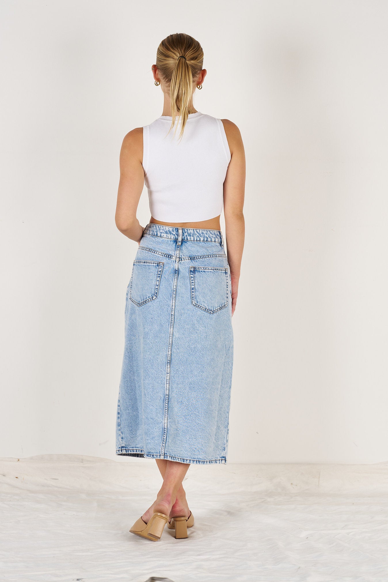 Wakee Acid Wash Mid Length Denim Skirt With Front Split 7135