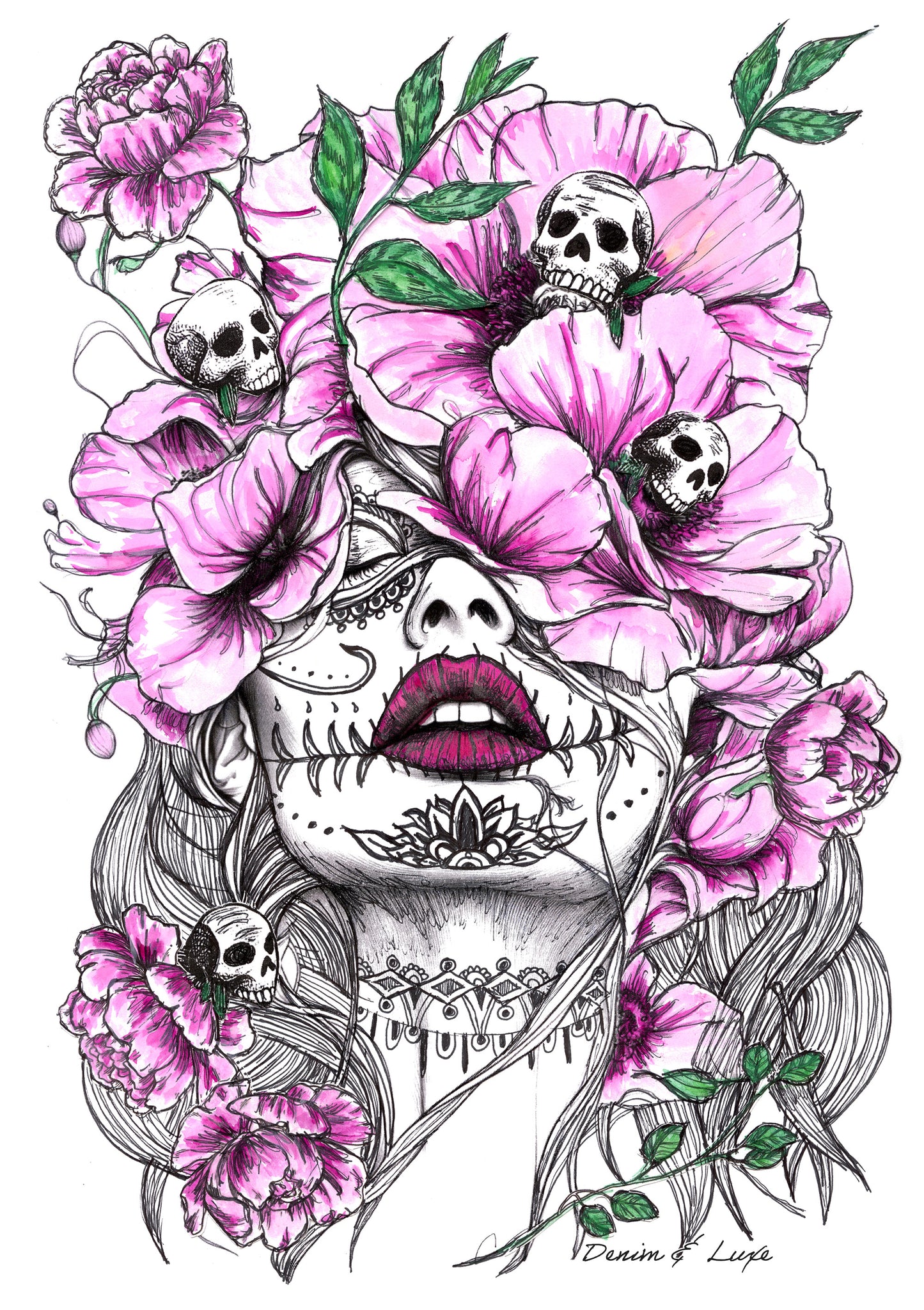 Denim & Luxe Flower Skull Tee