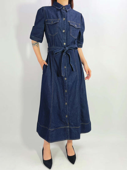 Short Sleeve Button-up Denim Maxi Dress