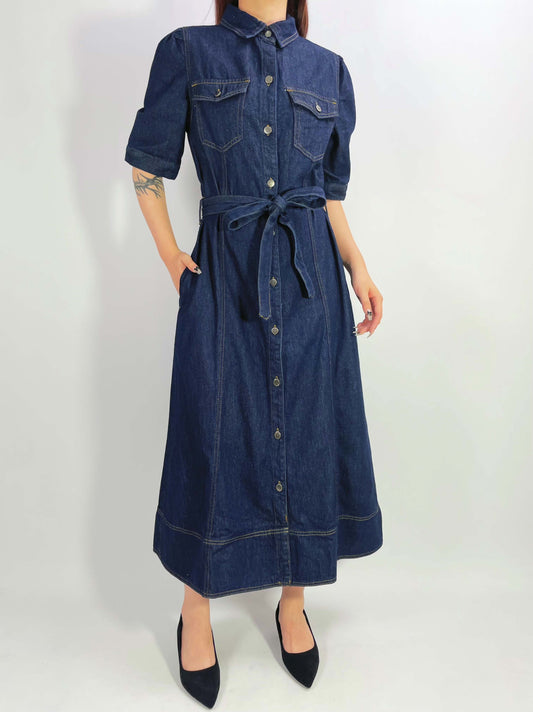 Short Sleeve Button-up Denim Maxi Dress