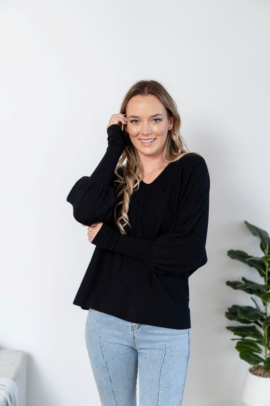 V-Neck Box Knit Balloon-Sleeved Batwing Jumper
