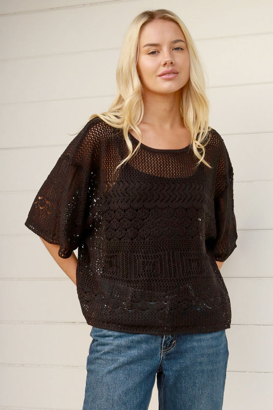 Elegant Black Crochet Overlay Top