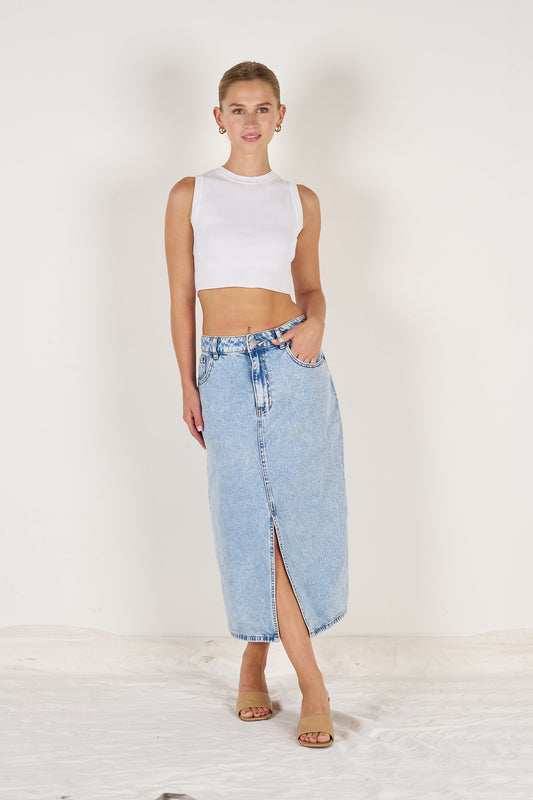 Wakee Acid Wash Mid Length Denim Skirt With Front Split 7135